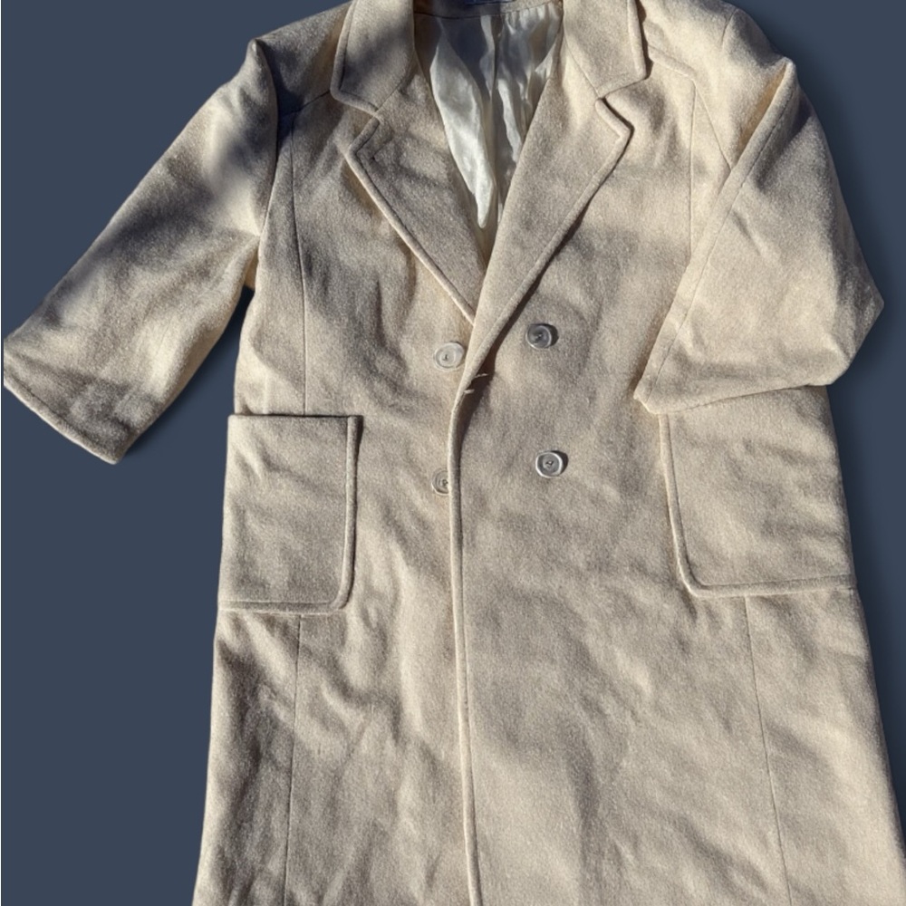 Vintage full length cream wool blend double breasted coat. Made in USA